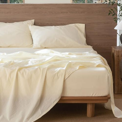 MooMee Sheet Set 100% Washed Cotton Linen-Like Extra Deep Pocket Full