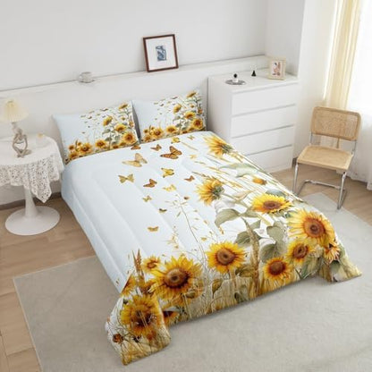jejeloiu Sunflower Comforter Set King Size Kids Butterfly Rustic Floral Bedding Set Boys Girls Teens Yellow Flowers Duvet Breathable Botanical Spring Quilt Bedroom Decor,1 Comforter with 2 Pillowcase