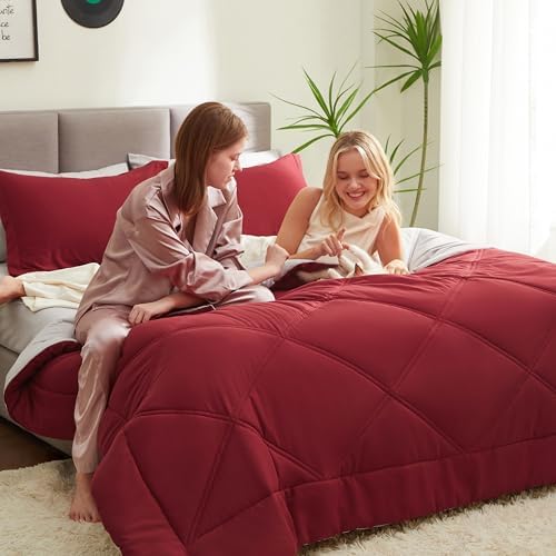 Joiedomi King Size Comforter Set with Sheets Red, 7 Pieces King Bedding Set with 1 Down Alternative Comforter, 1 Flat Sheet, 1 Fitted Sheet, 2 Pillowcases and 2 Pillow Shams, Bed in a Bag All Seasons