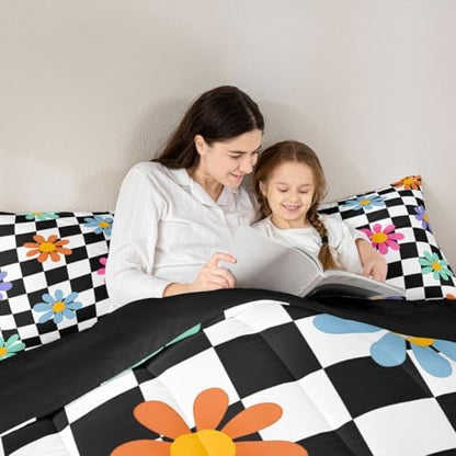 jejeloiu Cute Floral Comforter Set Checkerboard Bedding Set Twin Size 2 Pcs