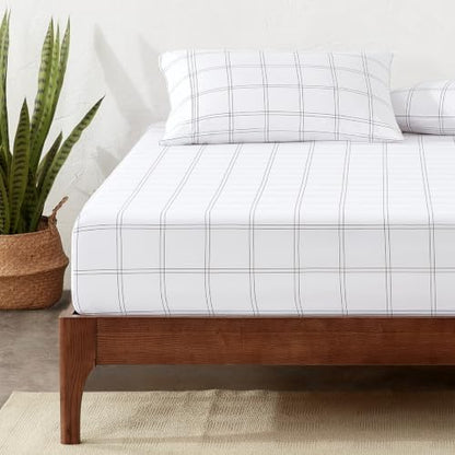 Bare Home Fitted Sheet - 1800 Ultra-Soft (Full, Modern Plaid - White/Grey)