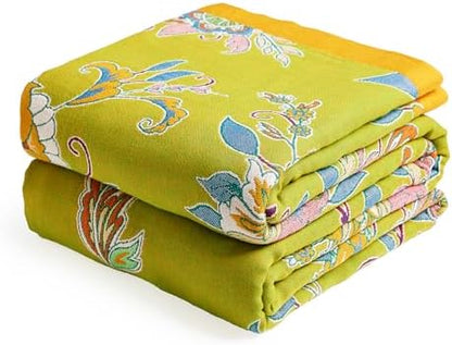VANJOROY Boho Throw Blanket 80" x 90", 100% Organic Cotton Breathable Ultra Soft Bed Quilt Throw - All Season Luxury Floral Farmhouse Decor Blanket for Sofa Couch Chair and Gift. Green/Blue