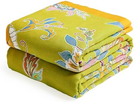 VANJOROY Boho Throw Blanket 60" x 80", 100% Organic Cotton Breathable Ultra Soft Bed Quilt Throw - All Season Luxury Floral Farmhouse Decor Blanket for Sofa Couch Chair and Gift. Green/Blue