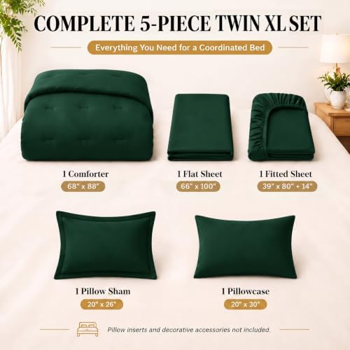 CozyLux Twin XL Comforter Emerald Green, 5 Pieces Bed in a Bag