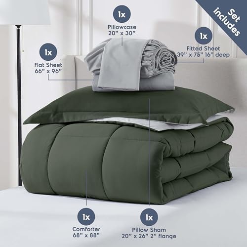 Nestl 7 Piece Twin Comforter Set – Olive Green Reversible Bed in a Bag – Complete Twin Size Bedding Set with Sheets, Set of 2 Cooling Pillows, Pillowcase and Sham