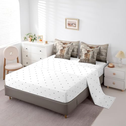 Erosebridal Rustic Elk Deer 7 Piece Bedding Set Queen Jungle Wildlife Sika Deer Comforter Set Vintage Wooden Board Bed in a Bag Watercolor Forest Sheet Set with Comforter Pine Tree Home Decor