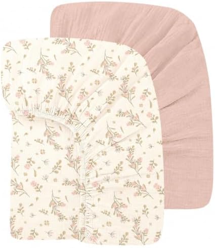Organic Baby Crib Sheets 52x28 Inches 2 Pack 100% Muslin Cotton Soft Fitted Crib Mattress Sheet for Baby Girls, Boho Toddler Bed Sheets Fits Well Standard Size Crib Mattress 28x52 Inches Floral & Pink