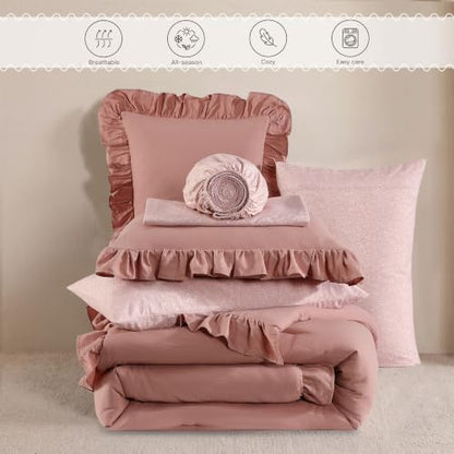 BLOOMHAVEN King Size Comforter Set-7 Pieces Ruffle Bedding Floral Sheet