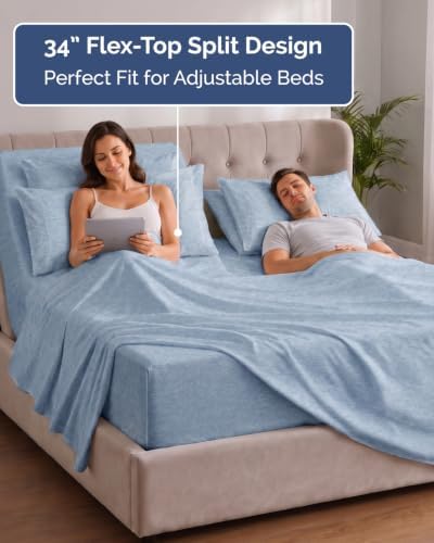 Extra Deep Flex Top Split Head King Sheet Set - 6pc Sheets - Heathered Blue