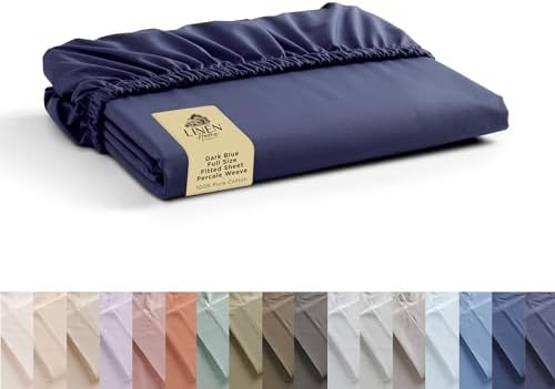 Linen Home 100% Cotton Percale Fitted Sheet only, Full Size, Dark Blue