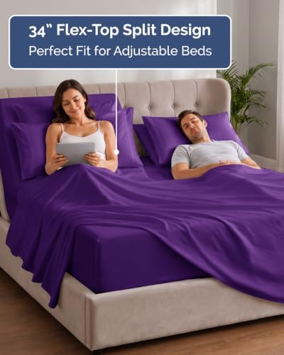 Extra Deep Flex Top Split Head King Sheet Set - 6pc Cooling Sheets - Purple