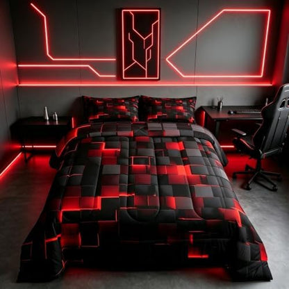 Erosebridal Black and Red Comforter Set Twin Neon Geometric Checkered Bedding Set Gamer Room Decor for Boys,Abstract Grids Quilt Comforter for Kids Teen Men Plaid Check Bed Set 2 Pcs