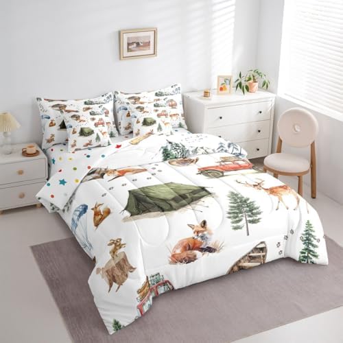 Erosebridal Wild Animal 7 Piece Comforter Set Twin Happy Camping Bed in A Bag Fox Deer Wildlife Woodland Animals Bedding Sets for Boys Girls Camper Car Western Cowboy Sheet Set with Comforter