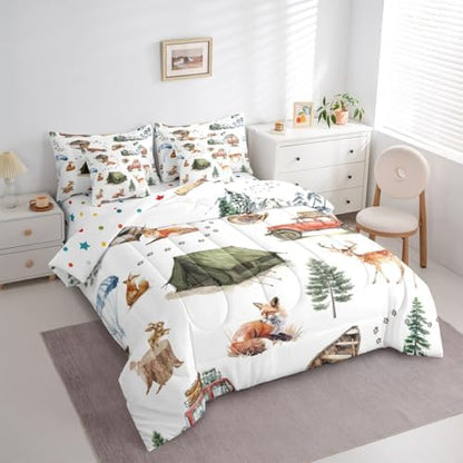 Erosebridal Wild Animal 7 Piece Comforter Set Full Happy Camping Bed in A Bag Fox Deer Wildlife Woodland Animals Bedding Sets for Boys Girls Camper Car Western Cowboy Sheet Set with Comforter