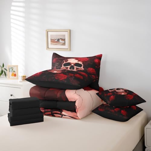 Erosebridal 7Pcs Rose Skull Comforter Set Twin Size,Vintage Rose Skull Anchor Bedding Set,Halloween Goth Bed in A Bag,Black Red Death Romance Sheet Set with Comforter