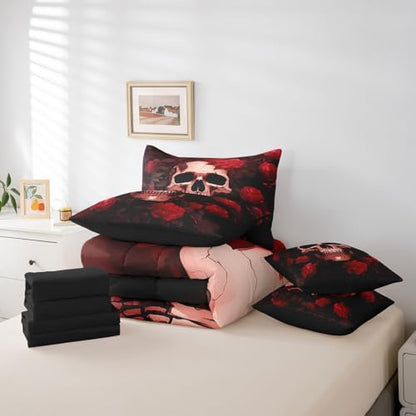 Erosebridal 7Pcs Rose Skull Comforter Set Twin Size,Vintage Rose Skull Anchor Bedding Set,Halloween Goth Bed in A Bag,Black Red Death Romance Sheet Set with Comforter