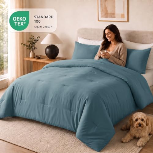 CozyLux California King Comforter Set 3 Pieces Mineral Blue Quilted Bedding