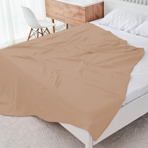 Cosy Family 6 Layer Muslin Bed Blanket - Breathable and Lightweight Gauze Boho Blanket for Spring, Soft 100% Cotton Muslin Blanket, Brown, 80x90 Inches