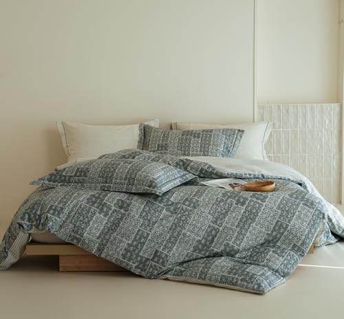 Grey Patchwork Comforter King Size - 100% Cotton Striped Reversible Comforter Set, Soft and Breathable Bedding Set for All Season, 3 Pieces