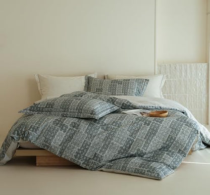 Grey Patchwork Comforter King Size - 100% Cotton Striped Reversible Comforter Set, Soft and Breathable Bedding Set for All Season, 3 Pieces
