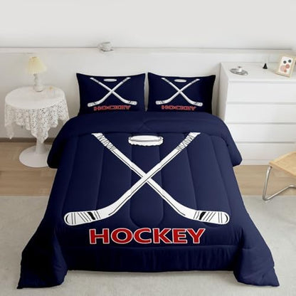 Ice Hockey Comforter Set King Size,Abstract White Hockey Cue Bedding Set 3pcs for Kids Boys Men Room Decor,Ball Sports Gaming Quilt Set Modern Navy Blue Duvet Insert,2 Pillowcases