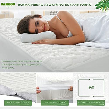 GRT Cal King Waterproof Mattress Protector Rayon Bamboo - 3D Air Fiber Cooling Mattress Protector Cover, Breathable Mattress Pad Noiseless 8''-21'' Deep Pocket Machine Washable