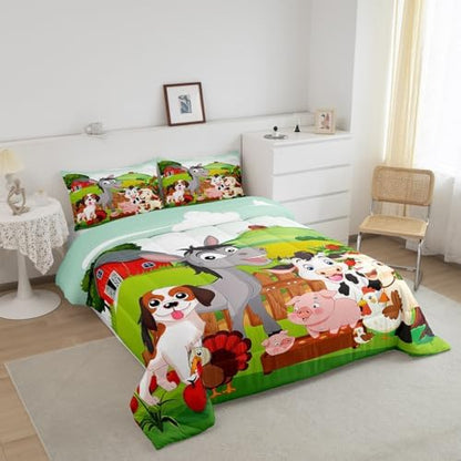 Cute Farm Animals Bedding Set Kids Cartoon Pig Dog Cow Horse Comforter Set Boys Girls Toddler Nature Country Style Comforter Farmhouse Rustic Duvet Set Colorful Bedroom Decor Quilt Set Toddler Size