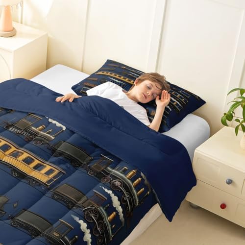 Erosebridal Navy Steam Train Toddler Bedding Set Travel Locomotive Train Comforter Set for Kids Boys Girls Vintage Transport Vehicle Down Comforter Steampunk Railway Quilt Duvet
