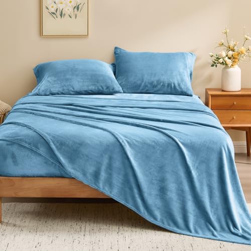 BEDELITE Flannel Sheets Full Size, Forever Blue, 4 Pieces