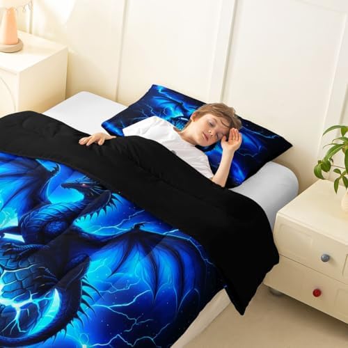 Feelyou Dragon Kids Comforter Set Twin Size Chic Outer Space Starry Sky Bedding Set ungle Animals Dragon Duvet Quilt for Kids Boys Girls Bedroom Black Blue Decor Microfiber Ultra Soft Breathable