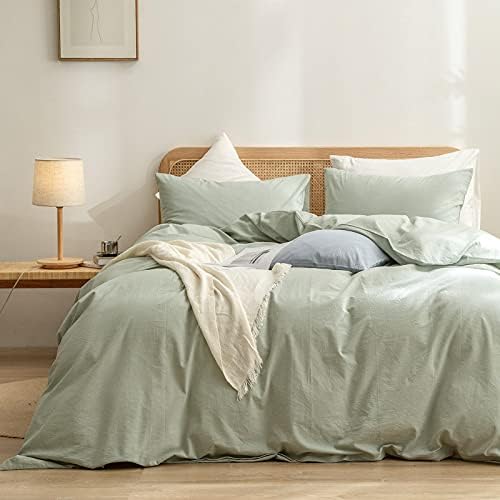 BESTOUCH Cotton Solid Duvet Cover Set Linen Feel Sage Green Full