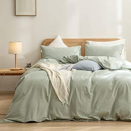 BESTOUCH Cotton Solid Duvet Cover Set Linen Feel Sage Green Full