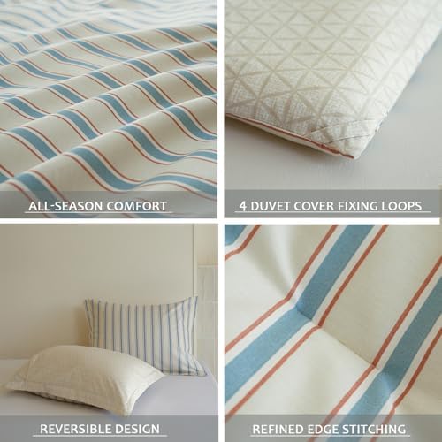 Comforter Queen Size - 100% Cotton Beige and Blue Striped Reversible Comforter Set, Hypoallergenic and Breathable Bedding Set for All Season, 3 Pieces, 90"x90"