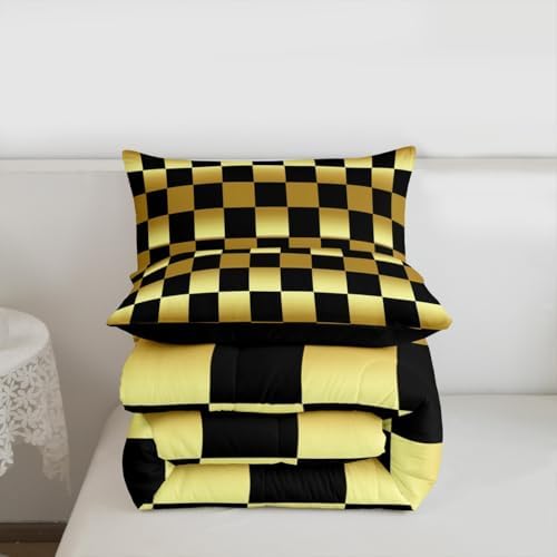 Checkered Comforter Set Full Size Modern Geometric Golden Yellow Black Bedding Set for Kids Boys Girls Cute Neutral Plaid Duvet Quilt Vintage Aesthetic Bedroom Decor 3 Pcs with 2 Pillow Cases