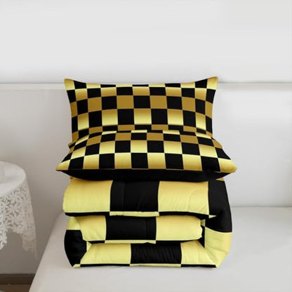 Checkered Comforter Set Full Size Modern Geometric Golden Yellow Black Bedding Set for Kids Boys Girls Cute Neutral Plaid Duvet Quilt Vintage Aesthetic Bedroom Decor 3 Pcs with 2 Pillow Cases