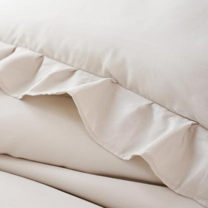 JANZAA Beige Comforter Set California King, Ruffle Soft Bedding