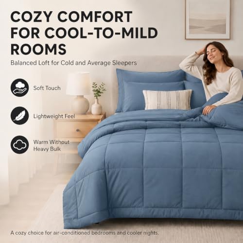 CozyLux Super King Comforter Set Dusty Blue - 7 Pieces Bed in a Bag