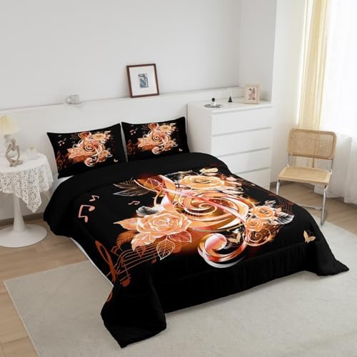 Feelyou Music Note Comforter Set King Size Couple Orange Rose Floral Comforter for Girls Women Lover Music Blossom Flowers Bedding Set Romantic Duvet Set Room Decor