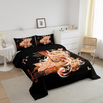 Feelyou Music Note Comforter Set King Size Couple Orange Rose Floral Comforter for Girls Women Lover Music Blossom Flowers Bedding Set Romantic Duvet Set Room Decor
