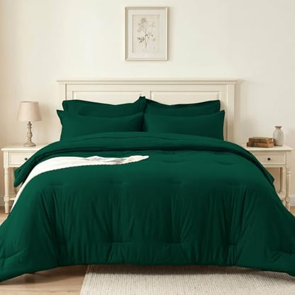 King Comforter Set 7 Piece with Lightweight Comforter, Dark Green