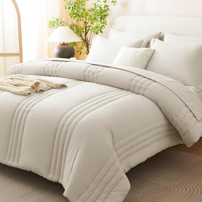 CozyLux Oversized King Comforter Set Beige- 7 Pieces Bed in a Bag