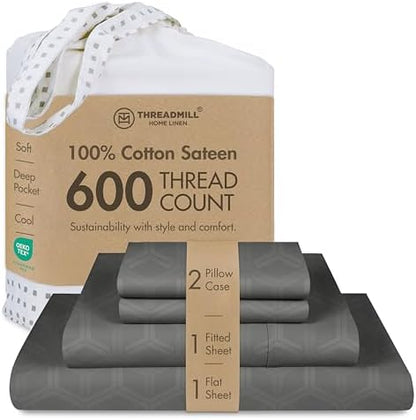 Threadmill 100% Cotton Sheets for King Size Bed - 600 Thread Count King Bed Sheets Set with 16” Deep Pocket - Jacquard Sateen Weave 4-Piece Bedding Set with Cooling Effect, Dark Grey