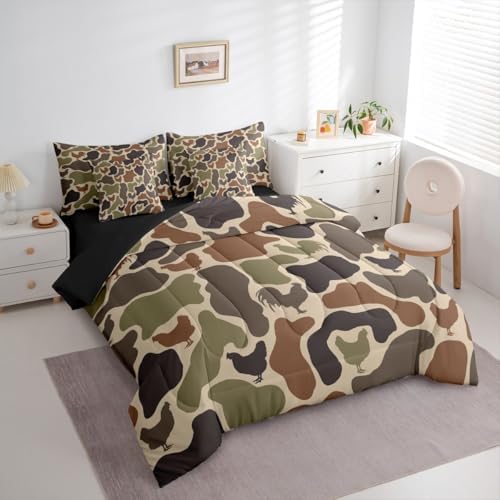 Erosebridal Rustic Camouflage Bedding Set King Chicken Camo Farmhouse Comforter Set 7 Piece Western Farm Animals Bed in A Bag for Adults Vintage Army Green Camo Rooster Quilt with Flat Fitted Sheet