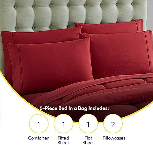 Sweet Home Collection 7 Piece Comforter Set Bag Solid Color All Season Soft Down Alternative Blanket & Luxurious Microfiber Bed Sheets, Burgundy, Twin XL