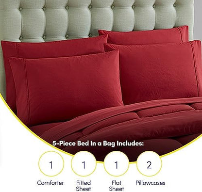 Sweet Home Collection 7 Piece Comforter Set Bag Solid Color All Season Soft Down Alternative Blanket & Luxurious Microfiber Bed Sheets, Burgundy, Twin