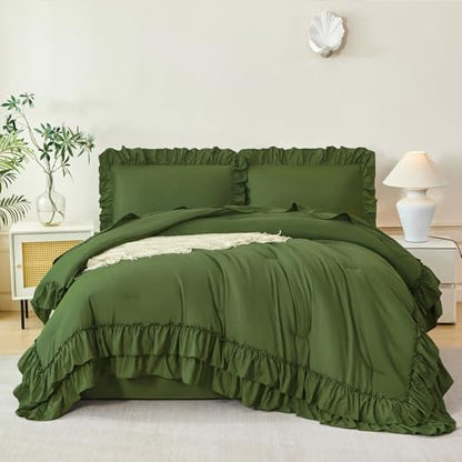 ANGIYUIN Full Size Comforter Set 5 Pieces Olive Green Ruffle Bed in A Bag