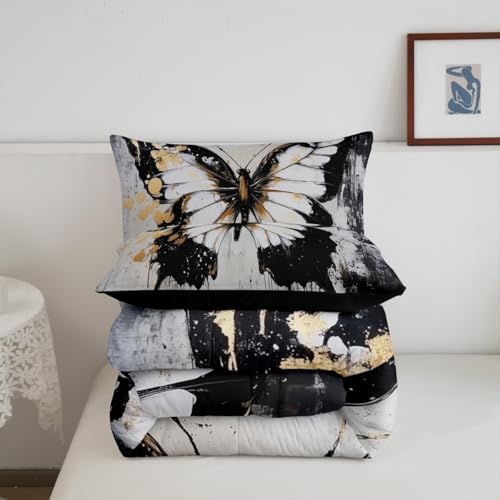 jejeloiu Butterfly Comforter Set King Size Kids Oil Painting Bedding Set for Boys Girls Teens Black White Duvet Breathable Animal Quilt Bedroom Decor,1 Comforter with 2 Pillowcase