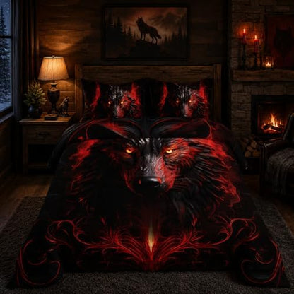 Nttopship Wolf Printed Bedding Set, Wolf Comforter Set King Size,Boys Bedding Set 100% Soft Ultra-fine Fiber Four Season Red Flame with 1 Comforter and 2 Pillow Case
