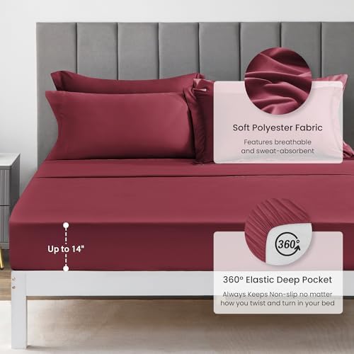 Love's cabin King Size Comforter Set Burgundy, 7 Pieces King Bed in a Bag, All Season Bedding Sets with 1 Comforter, 1 Flat Sheet, 1 Fitted Sheet, 2 Pillowcase and 2 Pillow Sham