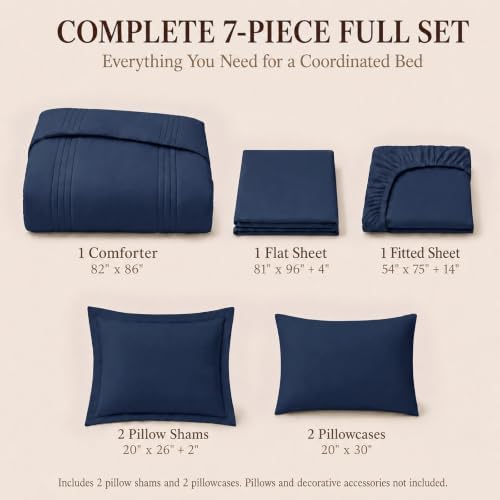 CozyLux Full Size Comforter Sets Navy Blue- 7 Pieces Bed in a Bag